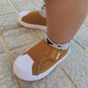 Load image into Gallery viewer, brown Slip-no-more Toddler Shoes on a toddlers feet