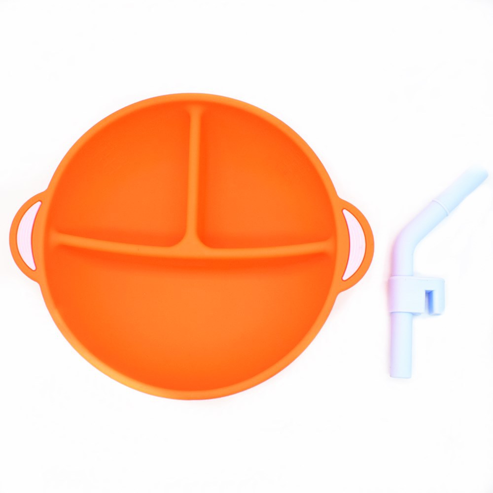 orange Silicone Grip Plate with a straw